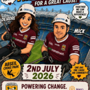 Image of promotion for abseil in Croke park for Mayo cancer support featuring two cartoon images of people abseiling.
