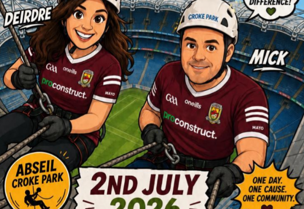 Image of promotion for abseil in Croke park for Mayo cancer support featuring two cartoon images of people abseiling.