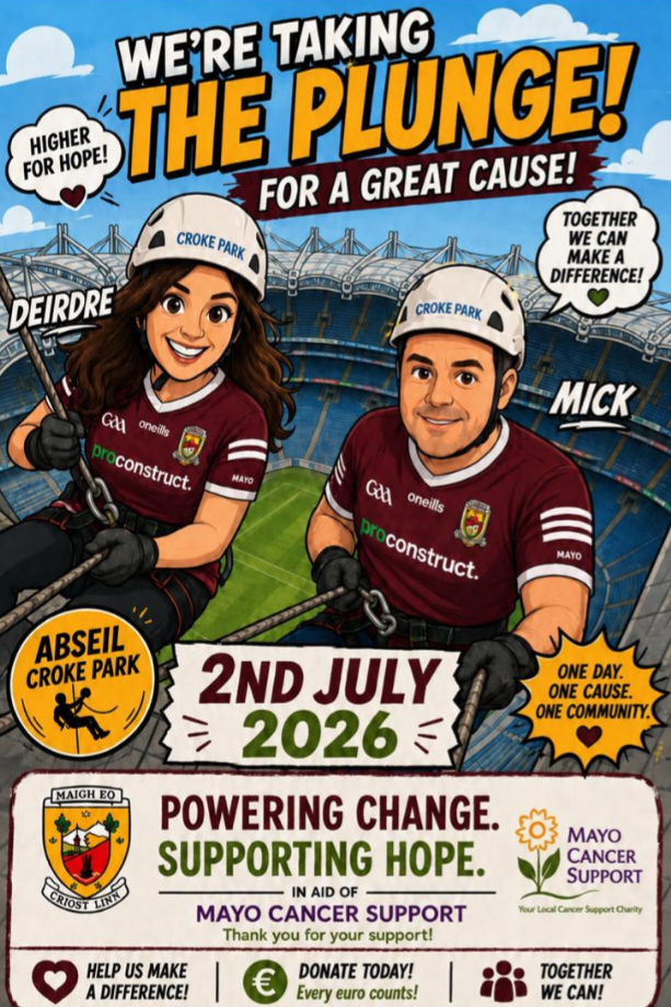 Image of promotion for abseil in Croke park for Mayo cancer support featuring two cartoon images of people abseiling.